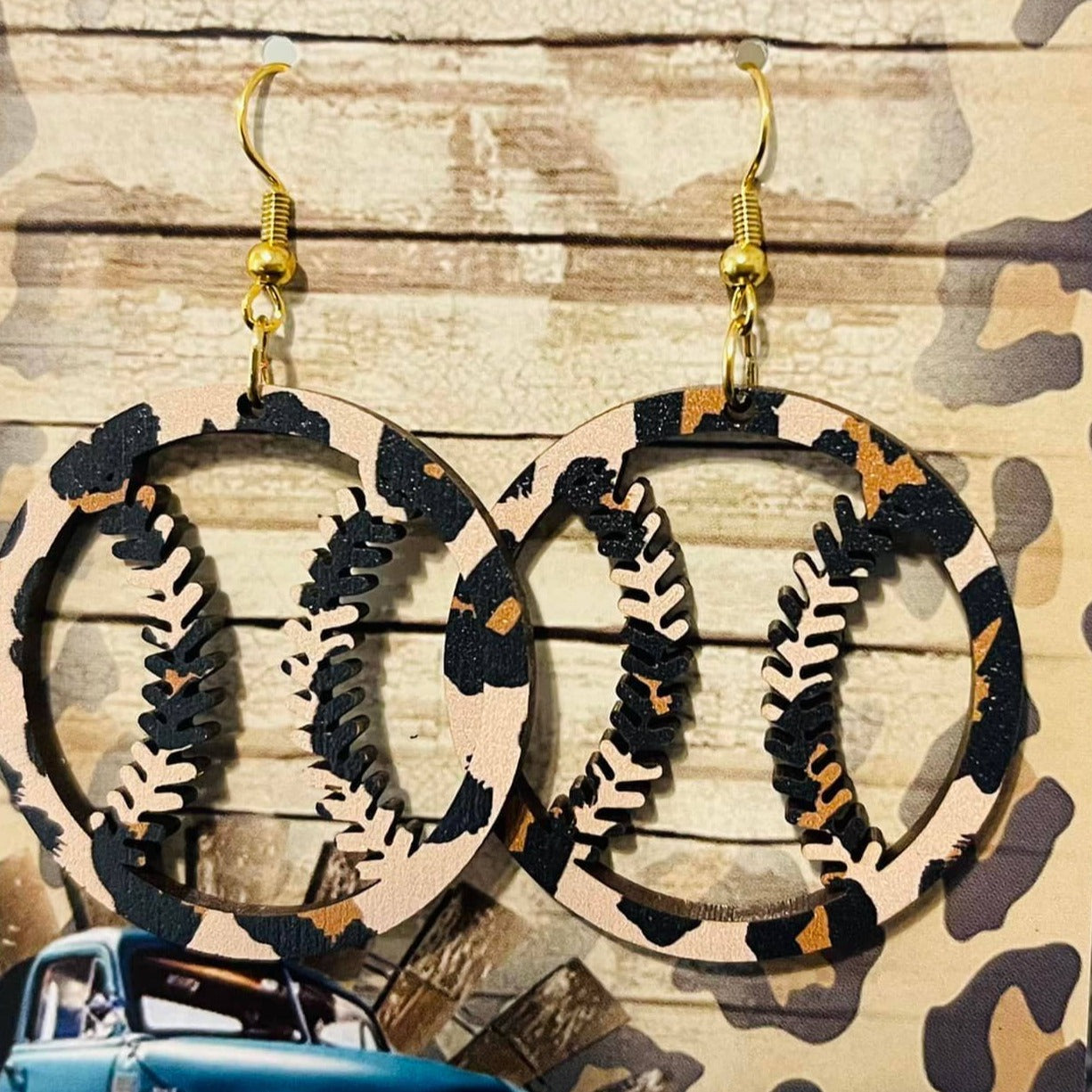 Wooden Leopard Baseball Earrings