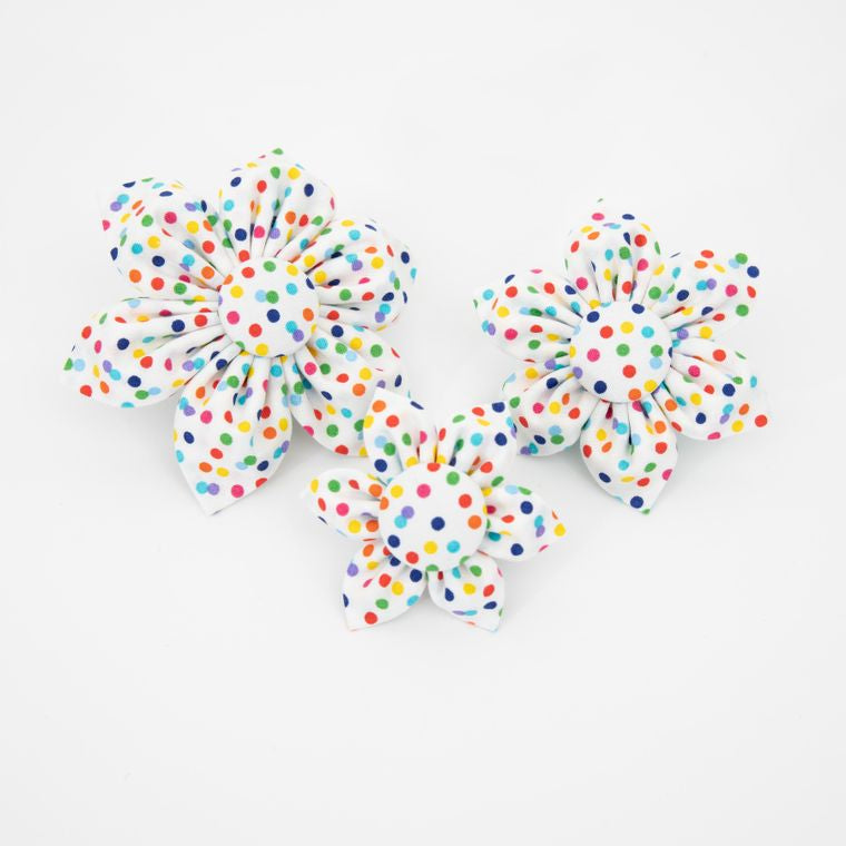 Rainbow Dots Dog Collar Flower - Birthday, Party, Gotcha Day - Over the Collar Design