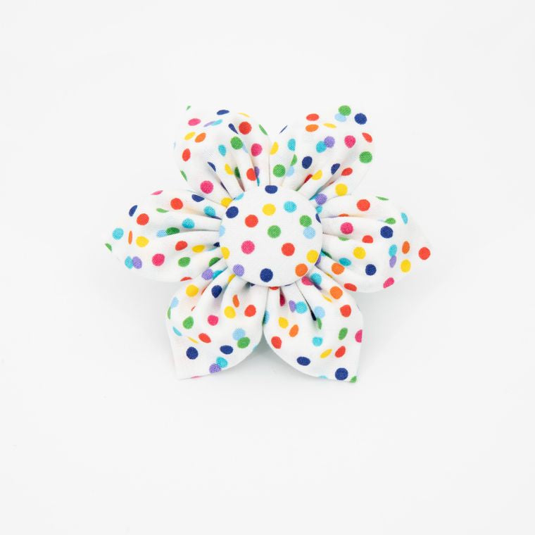 Rainbow Dots Dog Collar Flower - Birthday, Party, Gotcha Day - Over the Collar Design